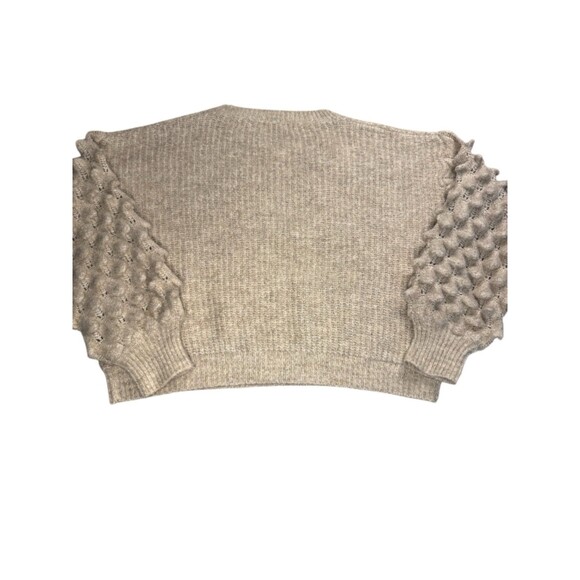DEBUT Oatmeal Beige Knit Sweater Puffy Crocodile Stitch Sleeves Medium Cropped - Picture 7 of 8